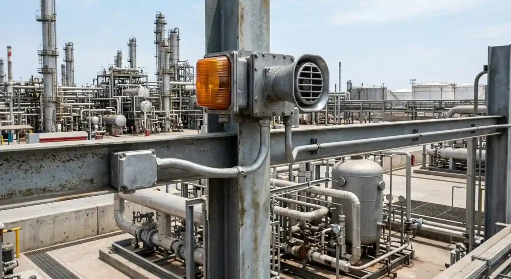 Baliza y sirena certificadas para señalización en áreas clasificadas industriales
